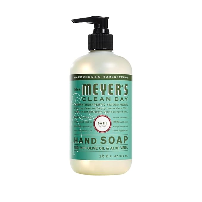 Mrs. MEYER'S Clean Day Basil Scent Variety, 1 Room Freshener 8 OZ, 1 Liquid Dish Soap 16 OZ, 1 Liquid Hand Soap 12.5 OZ, 1 Multi-surface Cleaner 16 OZ, Basil, 1 CT