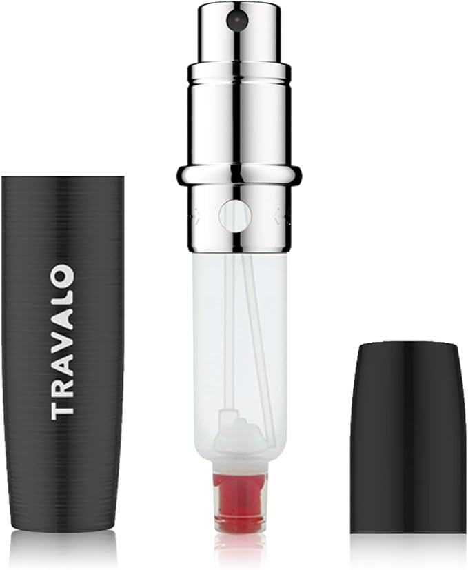 Travalo LUX Perfume Atomizer - Leak-Proof and TSA Approved for Air Travel - Reusable Airtight Easy Fill Mini Pump Sprayer - Lightweight Portable - Brushed Polished Metal Alloy Outer Shell - Black