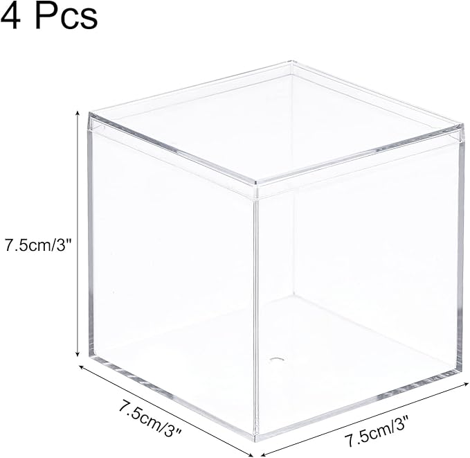 MECCANIXITY Clear Acrylic Plastic Storage Box Square Cube Display Case with Lid, 7.1x7.1x7.1cm Container Box for Small Item, Pack of 4