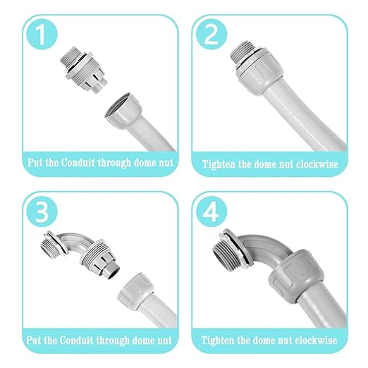 50FT NPT 1/2 Inch Liquid Tight Connector Non-Metallic PVC Electrical Flexible Conduit Fittings, UL Listed - with 5 Straight, 3 Curved and 1 Double-Port Connector