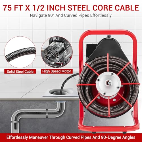 450W Electric Drain Cleaner, 75 ft x 1/2 in Manual Feed Drain - Image 6