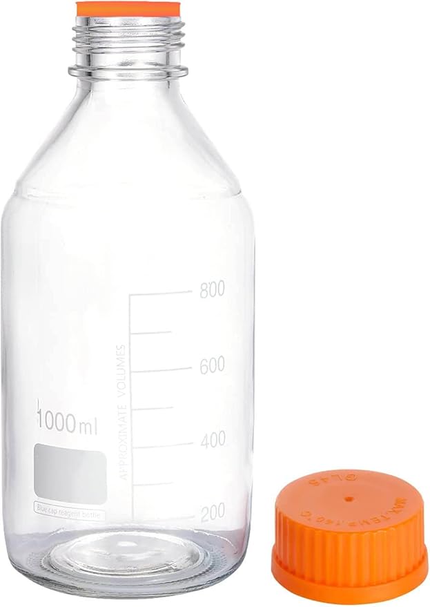 Lab Media Storage Round Bottles Graduated Glass Container GL45 Screw Cap Leakproof Multi-Purpose for Scientific | pack of 4 (Orange,1000ml)
