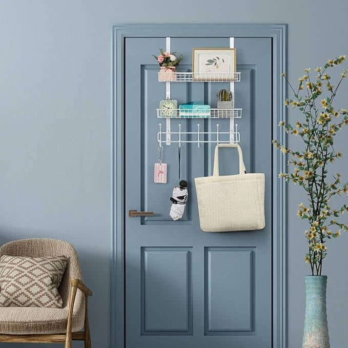 Over The Door Hanger with 2 Mesh Baskets 5 Hooks, Detachable Storage Organizer Rack for Coats, Hats, Handbags,Towels, Easy Install Metal Hanging Hook Rack Shelf, White