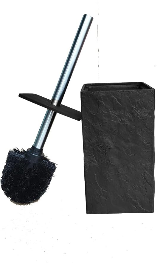 Marble Finishing Resin Material Toilet Brush and Holder Set, Stainless Steel Handle (Nature Black Square)