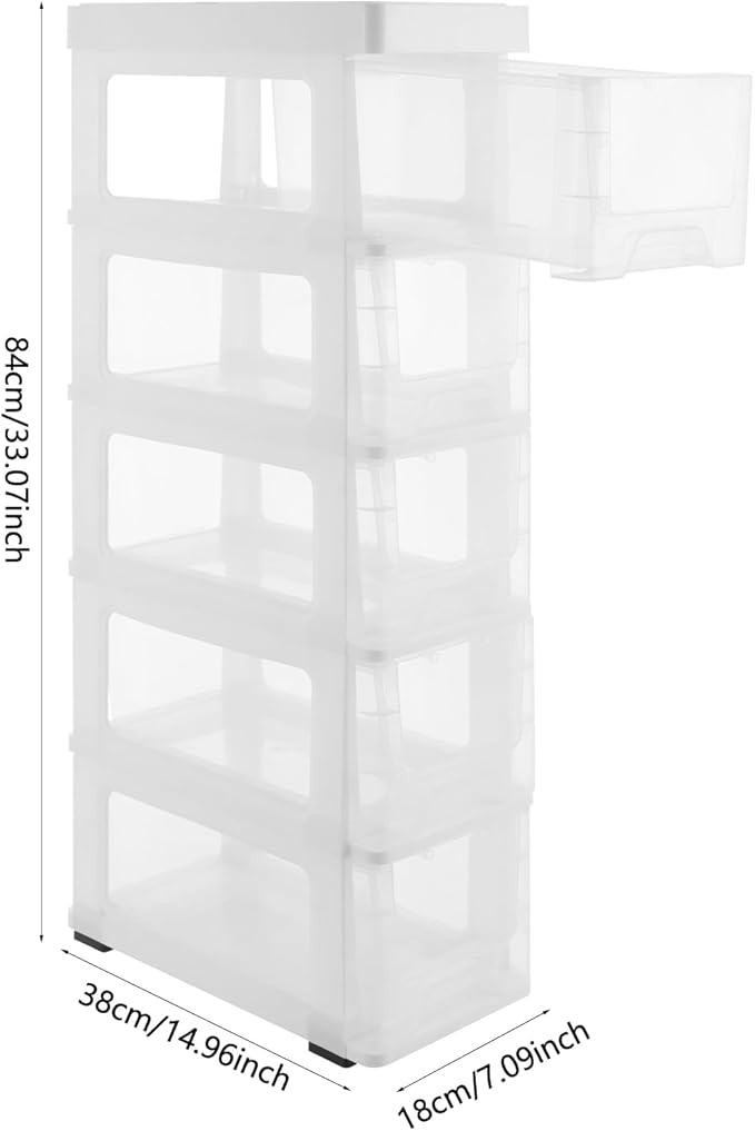 Narrow Plastic Drawers Cabinet, Multi-functional Plastic Tower Organizer with Wheels for Small Space Bathroom Bedroom Kitchen Offices Dormitory, 7 * 15 * 33in (White)