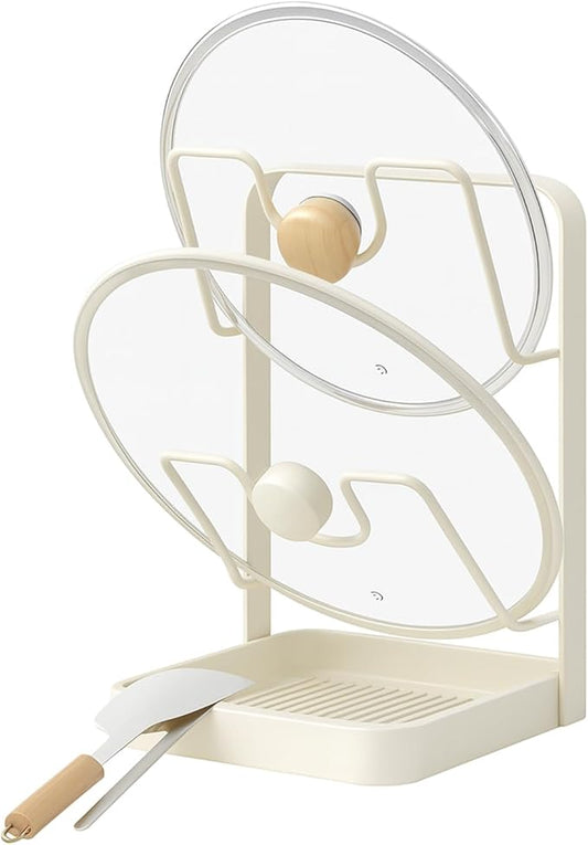 Kitchen Pot Lid Storage Rack, Double Layer Pot Lid Organizer Rack & Holder While Cooking, Metal Pot Lid Stand with Spoon Rest and Removable Drip Tray, Space-Saving Design (Beige, 2)