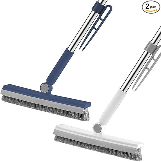 Floor Scrubbing Brush with 57" Adjustable Long Handle,3 in 1 Living Grout Brush with Squeegee,V-Shape Stiff Brush Bristle,Heavy Duty Bathroom Cleaning Brush for Tile,Deck,Patio,Wall,Garage,Kitchen,Blu