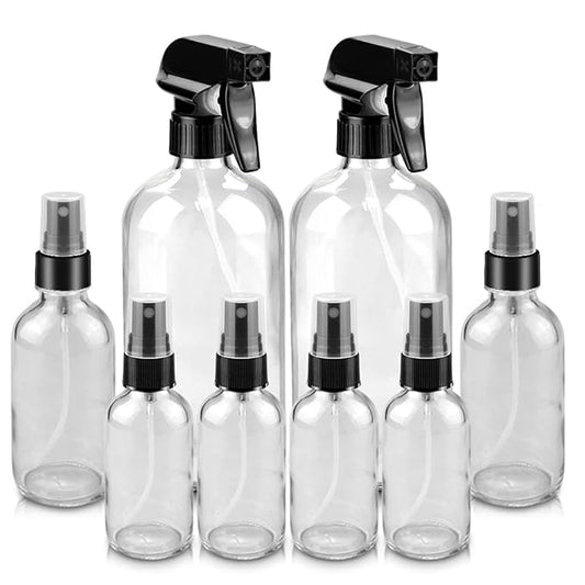 Glass Spray Bottles, 16oz*2+4oz*2+2oz*4 Refillable Containers, Empty Boston Round Bottles with Adjustable Nozzle for Cleaning, Gardening, Aromatherapy, Pets, Plant, Hair - Clear