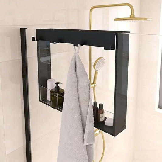 Over the Door Shower Caddy for Glass Door – 20"x16" Stainless Steel Hanging Shelf with Hooks, No-Drilling Frameless Shower Organizer, Rust-Proof Bathroom Storage for Towels & Toiletries