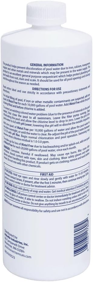 SpaChoice 1-Quart Premium Metal Free Pool Water Metal Remover, Pool Stain Remover, Made in USA