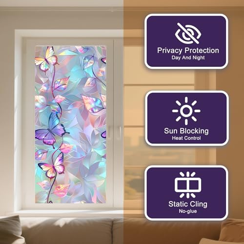 IVN Privacy Window Film Iridescent Butterfly Leaf Vine Window - Image 3