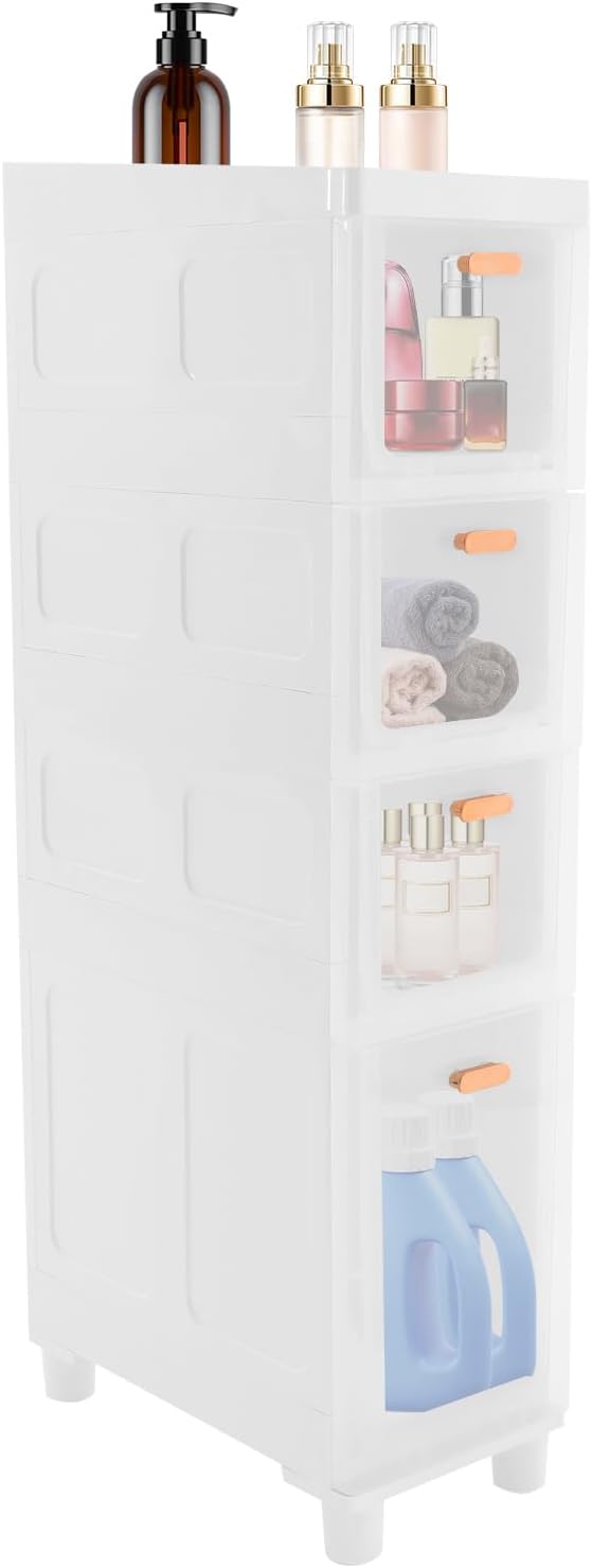 Slim Bathroom Storage Cabinet with 4 Drawers, Bathroom Floor Storage Cabinet, Narrow Storage Organizer for Small Spaces