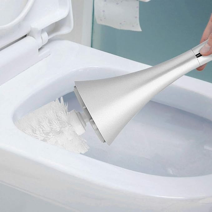 Toilet Brush Set, Stainless Steel Base Water Proof and ABS Plastic Handle Anti Impact, with Concealed Holder for Modern Bathroom Decor (Silver Base)