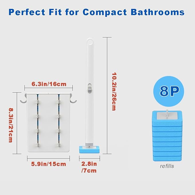 Toilet Brush for RV, Small Space & Bathroom, Disposable Cleaning System with Hanging Holder - 8 Refill Heads, Sturdy Wand & Storage Case