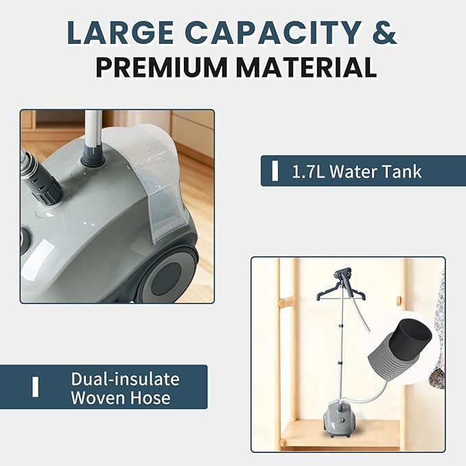 DUMOS Garment Steamer for Clothes Standing, 1500W Efficient Clothes Steamer Standing, 1.7L Water Tank for 55 Min Continuous Steaming with Wheels, Professional Fast Heating Wrinkle Remover, Grey