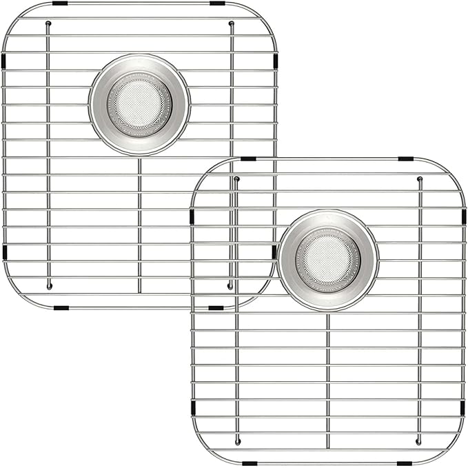 SANNO Sink Bottom Grid for Kitchen, Sink Protectors with Rear Drain Hole for Double Sink,Stainless Steel,13" L x 11.6" W