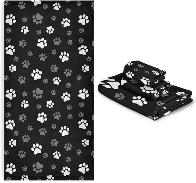 3 Piece Black White Grey Dog Paw Print Bath Towel Set,Microfiber Decorative Cute Puppy Animal Footprints Bathroom Towels,1 Bath Towel 1 Hand Towel for Bathroom Kitchen,1 Washcloth for Face