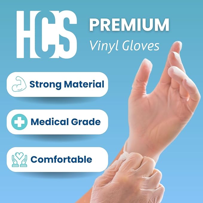 HCS Clear Vinyl Gloves - Disposable, Latex-Free, Powder-Free - Vinyl Disposable Gloves, Cooking, Food Prep, Cleaning, Exam