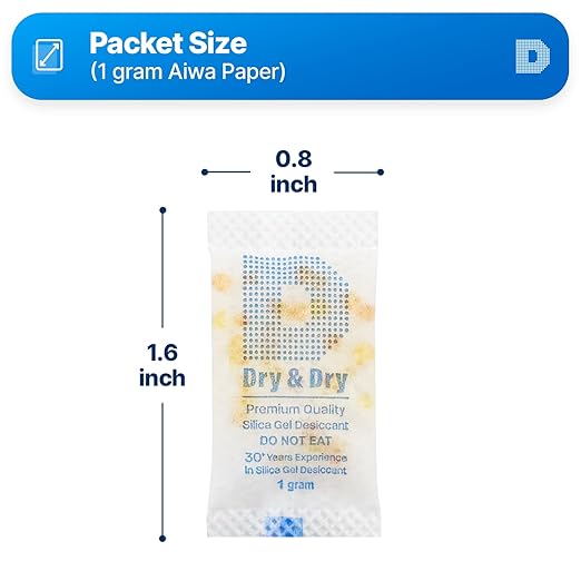 Dry & Dry 1 Gram [100 Packets] Orange Indicating Silica Gel Packets Desiccants - Food Safe Silica Packs, Silica Gel, Silica Packets, Desiccant Packs for Food Storage