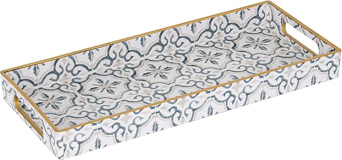 MAONAME White Decorative Tray, Plastic Serving Tray with Handles, Rectangular Moroccan Trays, Long Narrow Trays for Bathroom, Kitchen Counter, 13.8" X 6" X 1.57"