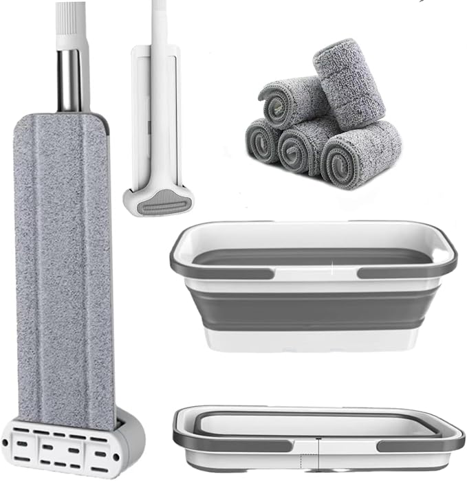 Mop and Bucket Set with Wringer, Flat Mops for Floor Cleaning, Wall Mop Cleaner with Long Handle, Hardwood Floor Mop with 6 Microfiber Pads (1 Mop + 6 Microfiber Pads + 1 Bucket)
