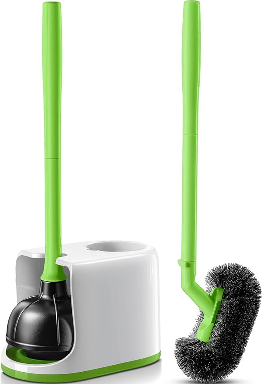 HAMITOR Toilet Plunger Bowl Brush Combo：Heavy Duty Rubber for Drain Clog Remover - Curved Design Bristles for Deep Cleaning Under Rim - Compact Bathroom Cleaning Tools for New Homet Essentials-Green