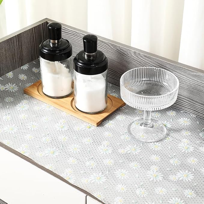 Daisy Flower Shelf Liner for Kitchen Cabinets, Non-Adhesive Drawer Liners, Non-Slip Refrigerator Mat, Washable EVA Cabinet Liner for Pantry, Fridge, Closet, Cupboard, 17.7" x 20 FT