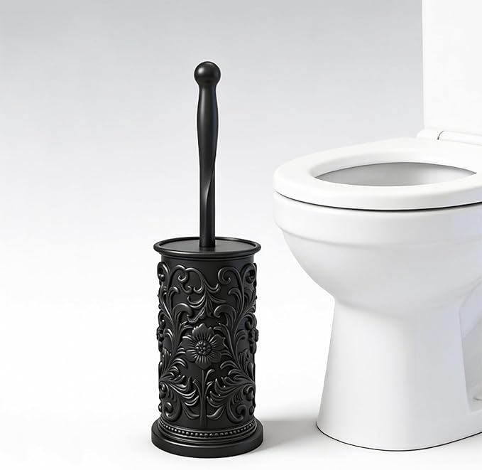 Black Toilet Brush and Holder Set, Floral Embossed Design Plastic Toilet Bowl Brush Set with Durable Bristles, Space-Saving Bathroom Cleaning Tool for Modern Decor