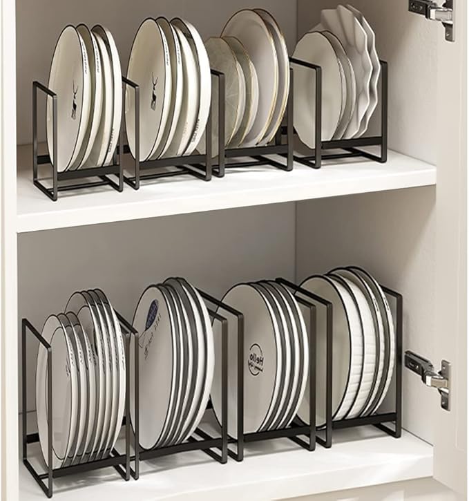 4PCS Plate Holders Organizer, Metal Dish Storage Dying Display Rack for Cabinet, Counter and Cupboard, Black, 4 Small