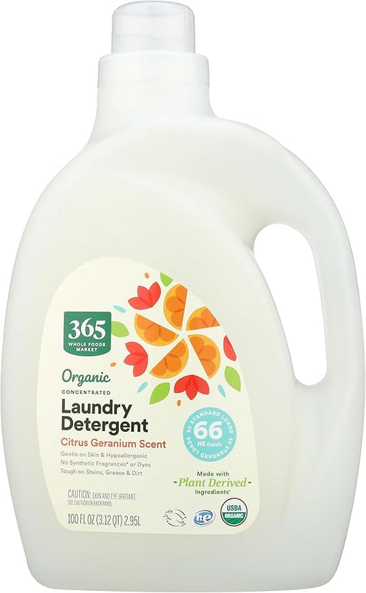 365 by Whole Foods Market, Organic Concentrated Laundry Detergent, Citrus Geranium Scent, 66 HE Loads, 100 Fl Oz