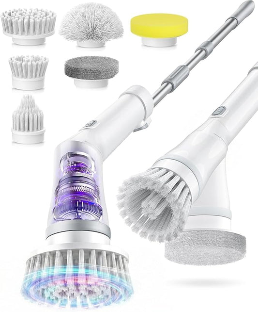 6-in-1 Electric Spin Scrubber, Cordless Power Scrubber with 47.2" Long Extendable Handle, IPX7 Waterproof 2-Speed Scrub Brush for Bathroom, Kitchen, Tile, Tub and Floor Cleaning, White-qb2
