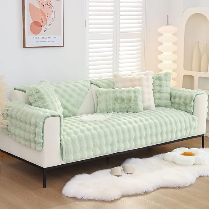 Soft Warm Faux Fur Couch Sofa Cover Thick Shaggy Fuzzy Sectional Couch Cover Non-Slip Solid Color Plush Sofa Slipcover Furniture Protector for Kids, Pets (Light Green,28"x47")