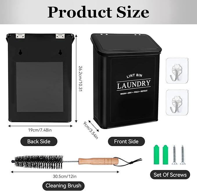 Fantasyon Magnetic Lint Bin with Lint Brush for Laundry Room Decor Farmhouse Rustic Metal Wall Mounted Lint Box Holder Keeper Organization Lint Trash Can with lid for Dryer (black)