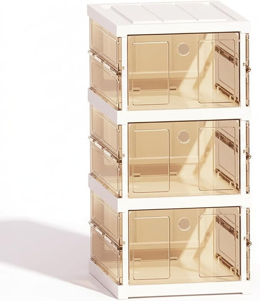 Foldable Collapsible Shoe Box Organizer Rack – 3 Tier Stackable Clear Sneaker Storage Boxes with Lids, Folding Shoe Cabinet Shelf, Plastic Portable Storage Bins with Easy Assembly for Closet Entryway