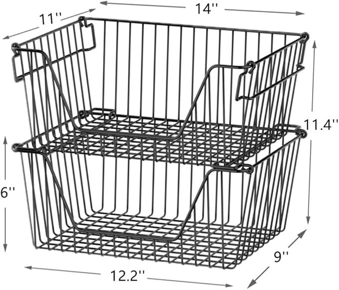 Slideep Wire Storage Baskets, Freezer Baskets Farmhouse Stackable Organizer Storage Bins Large Organizer for Storage, Office, Bathroom, Pantry Organization Storage with Handles 14" Black -Set of 3