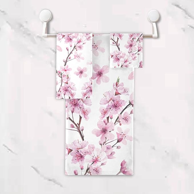 Pfrewn Cherry Blossoms Flowes Towels Set of 3 Watercolor Pink Floral Sakura Branch Bathroom Towel Soft Absorbent Bath Hand Towels Washcloth Guest Towel Sets Bathroom Decorations