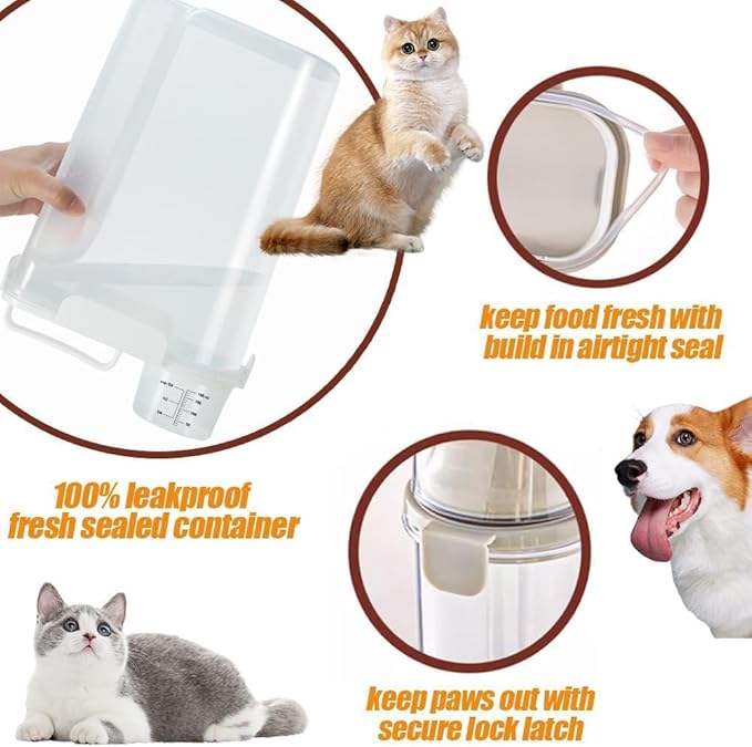 5-7LBS Upgraded Large Nozzle Cat Dog Food Storage Container BPA-free, Airtight Pet Food Storage Bin with 4 Lock Buckles, Sealing Gasket, Cup for Pet Food, Dog Treats, Rice, Flour, Dry-White