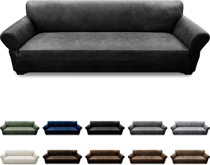 Oversized Sofa Slipcover Leather Look Couch Cover for 4 Seater Sofa 1-Piece Sofa Cover Stretch Furniture Protector with Elastic Bottom & Pockets(XL Sofa, Dark Grey)