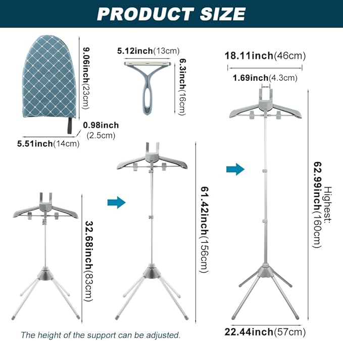 Steamer Hanger Stand with Adjustable Height, Portable Steamer Rack with Handheld Ironing Board＆Hair Remover for Steaming Clothes for Homes Clothing Stores & Hotels