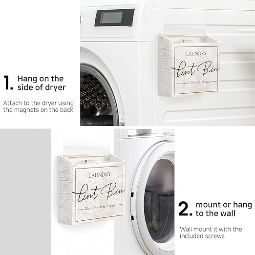 J JACKCUBE DESIGN Magnetic Lint Bin for Laundry Room, Lint Basket Container, Trash Can Box, Organizer, Storage for Washer and Dryer Supplies- White Washed Rustic Wood Wall Mount- MK904A
