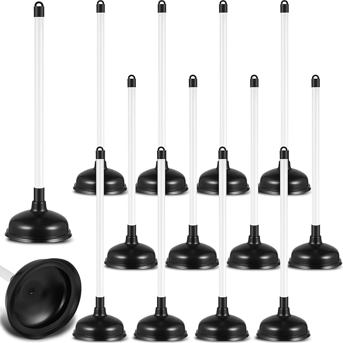 12 Pack Toilet Plungers Bulk with 19.7 Inch Long Handle Force Suction Cup Rubber Plunger for Bathroom to Fix Clogged Toilets Drains (Black)