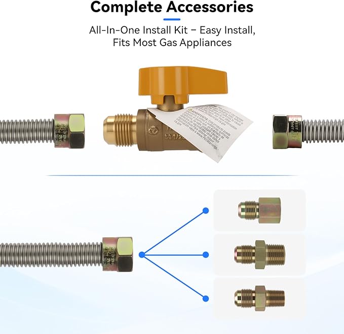 Solimeta 22-Inch Universal Gas Appliance Hook-Up Kit – Stainless Steel Corrugated Pipe with Brass Ball Valve, Fittings & CSA Certified for Gas Stoves, Dryers, Heaters, Fireplaces