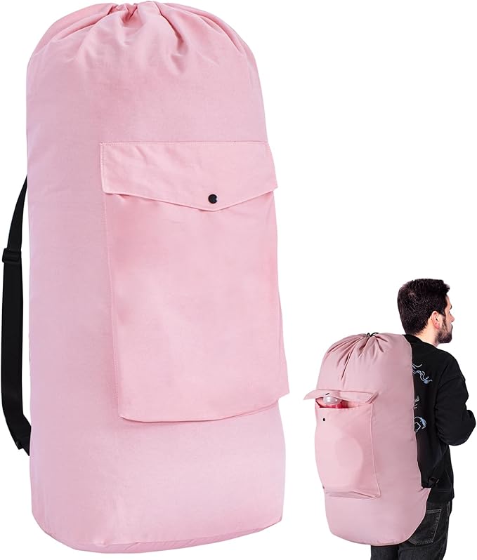 Sanlykate Canvas Backpack Laundry Bag - Extra Large Durable Dirty Clothes 2-3 Days Capacity with Adjustable Shoulder Strap & Front Pocket, for College Dorm, Apartment, Laundromats, Camping Travel