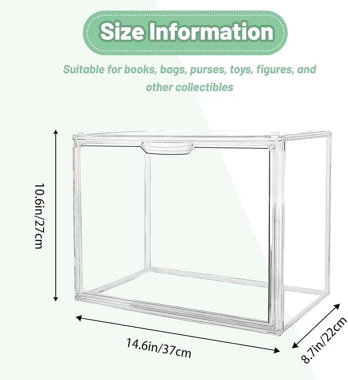 2 PACK Clear Book Storage Organizer Stackable Acrylic Book Display Box with Magnetic Door for Bookshelf Easy Assemble Bookcase Containers Display case for Comics Toys Handbags Shoes Purses
