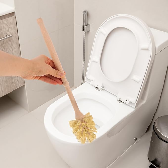 SECFOU Ceramic Toilet Brush and Holder Set with Sisal Bristles and Beech Wood Base Long Handle Scrub Brush for Bathroom Toilet Cleaning for Home and Dormitory Use