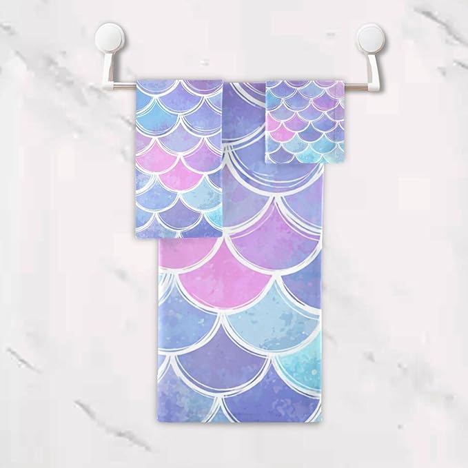Pfrewn Magic Pink Blue Mermaid Scales Towels Set of 3 Rainbow Marble Galaxy Bathroom Towel Soft Absorbent Bath Hand Towels Washcloth Guest Towel Sets Bathroom Decorations