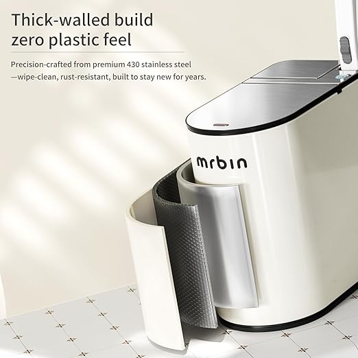 MRBIN Motion Sensor Bathroom Trash Can and Disposable Toilet Brush Holder Set, 1.8 Gallon Slim Touchless Small Garbage Pail, Toilet Smart Waste Basket with Lid and Odor Filter, Cream White