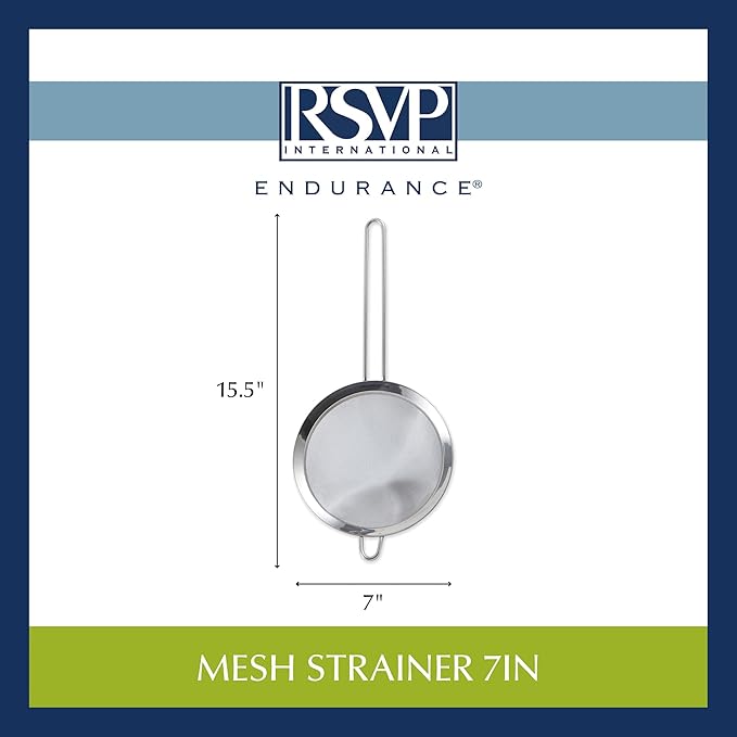 RSVP International Endurance Kitchen Collection, Stainless Steel Fine Mesh Conical Sieve/Colander, Multi-Purpose for Cooking, Baking, Loose Leaf Tea, Bar Strainer Cocktails, 7-Inch