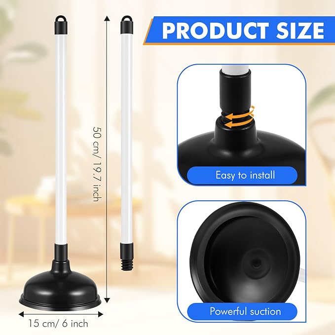 12 Pack Toilet Plungers Bulk with 19.7 Inch Long Handle Force Suction Cup Rubber Plunger for Bathroom to Fix Clogged Toilets Drains (Black)