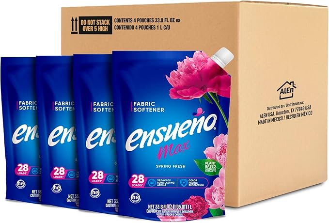 Ensueño Max Liquid Fabric Softener - Spring Fresh Scent - (4 Pack) 33.8 fl oz - Color-Safe Fabric Softener Liquid - Softens 112 Loads - Reduces Wrinkles & Static